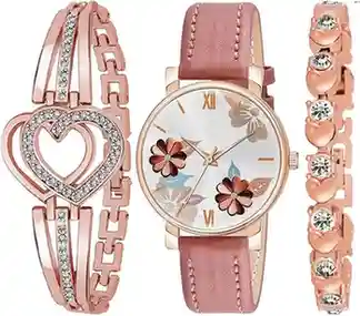 Shivark Analog Watch  - For Women Latest Designer Printed Dial Pink Leather Strap 2 Bracelet For Girls